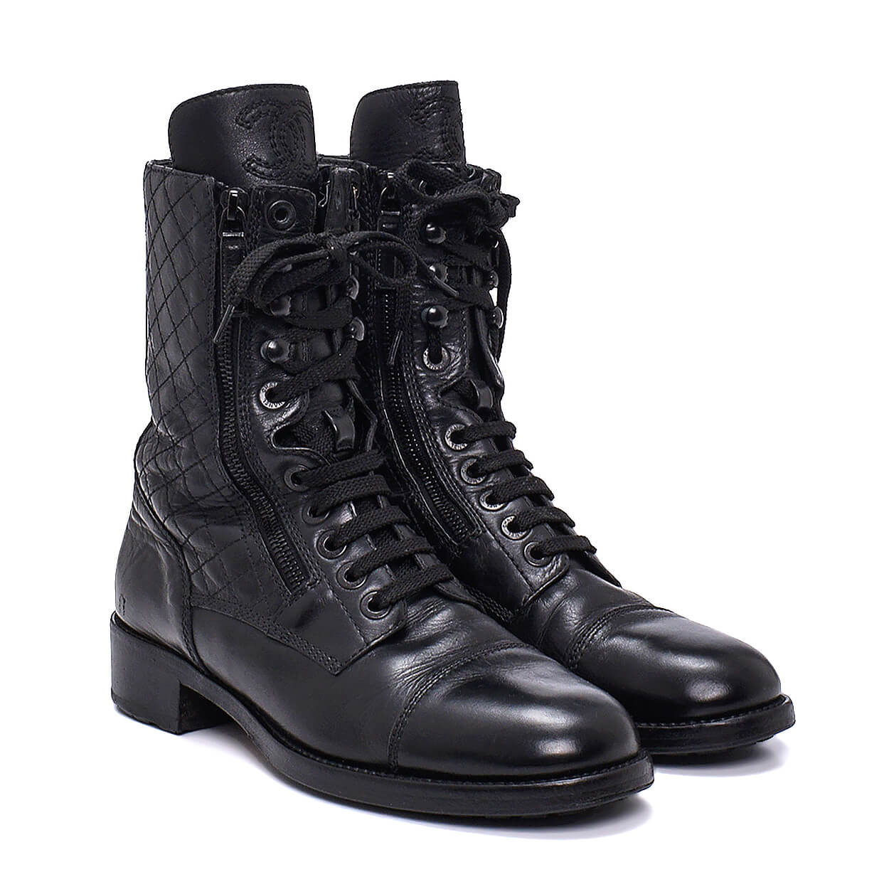 Chanel - Black Quilted Leather  Lace Up Boots